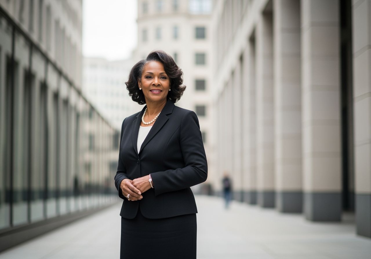 Pewna siebie kobieta po pięćdziesiątce w klasycznym stroju na tle nowoczesnego miejskiego wnętrza.