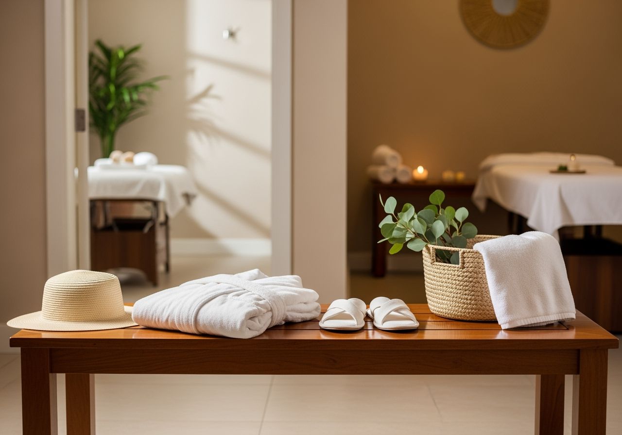 Spokojna szatnia hotelowego spa z szlafrokiem, kapciami, kapeluszem i ręcznikiem na drewnianej ławce