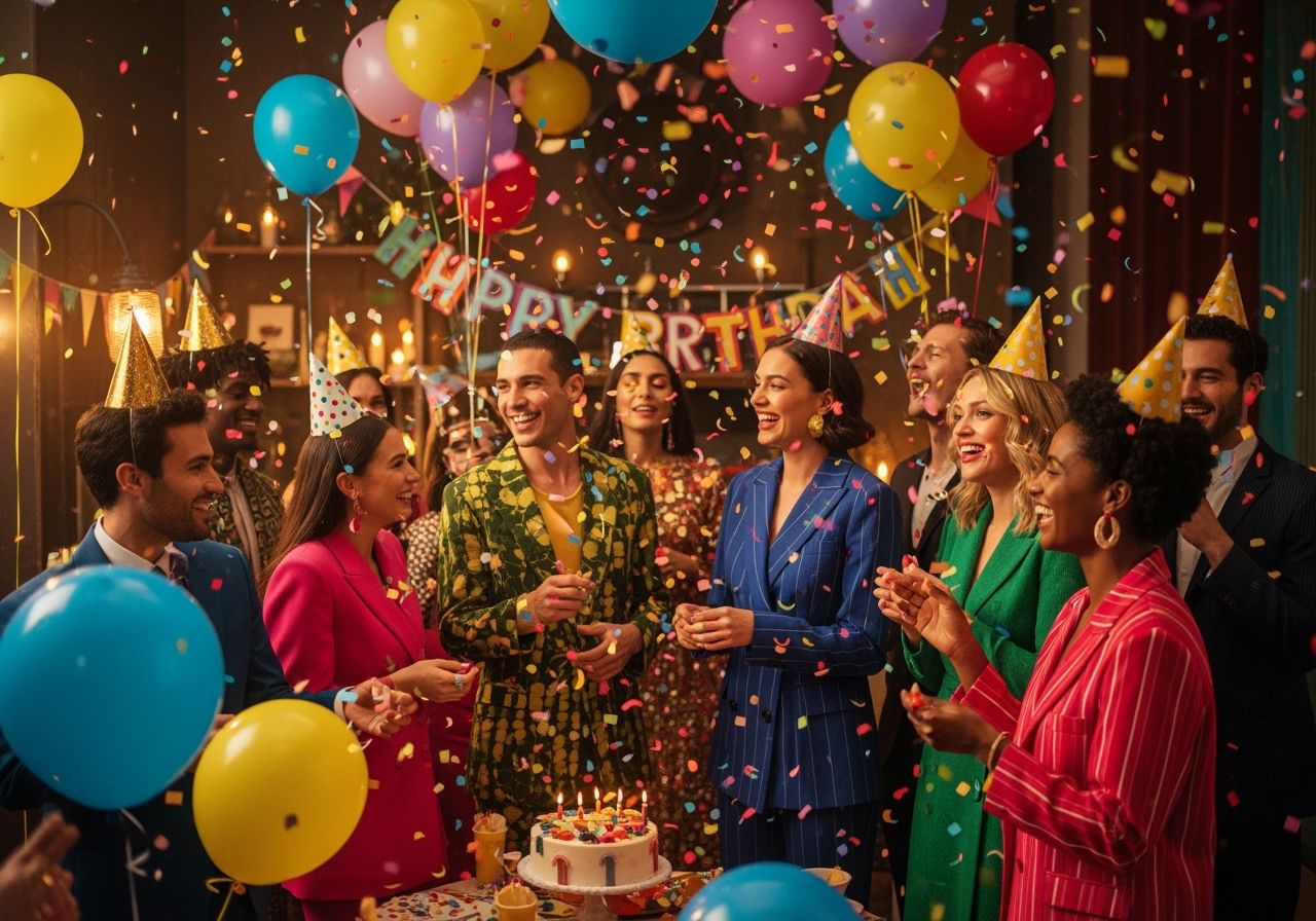Grupa osób na urodzinowej imprezie w kolorowych strojach, balony i konfetti w ciepłym świetle