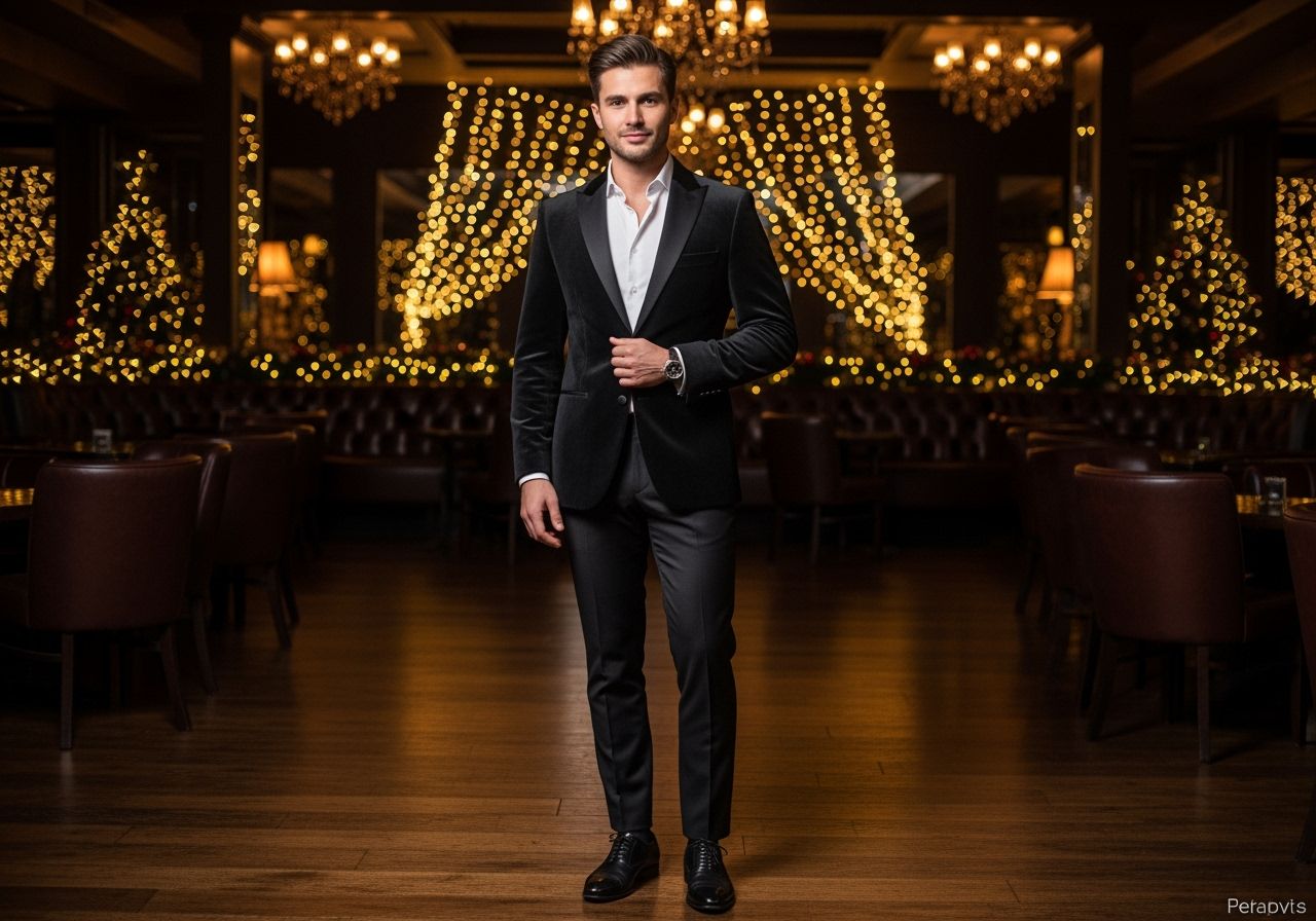 Mężczyzna w eleganckim czarnym garniturze stoi w przytulnym, świątecznym salonie.