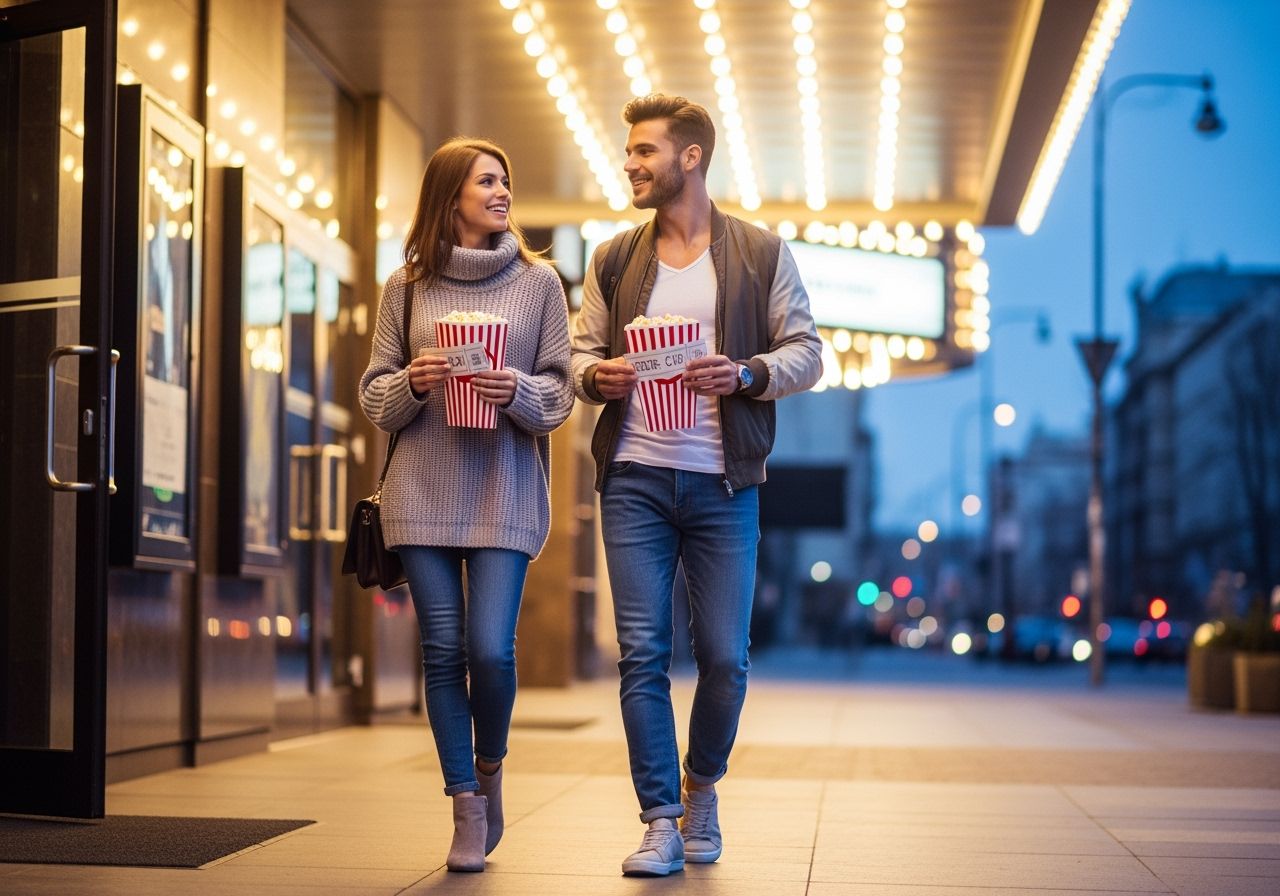 Młoda para wychodzi z kina o zmierzchu, trzyma popcorn i bilety, uśmiechnięci na tle kina i ulicy.