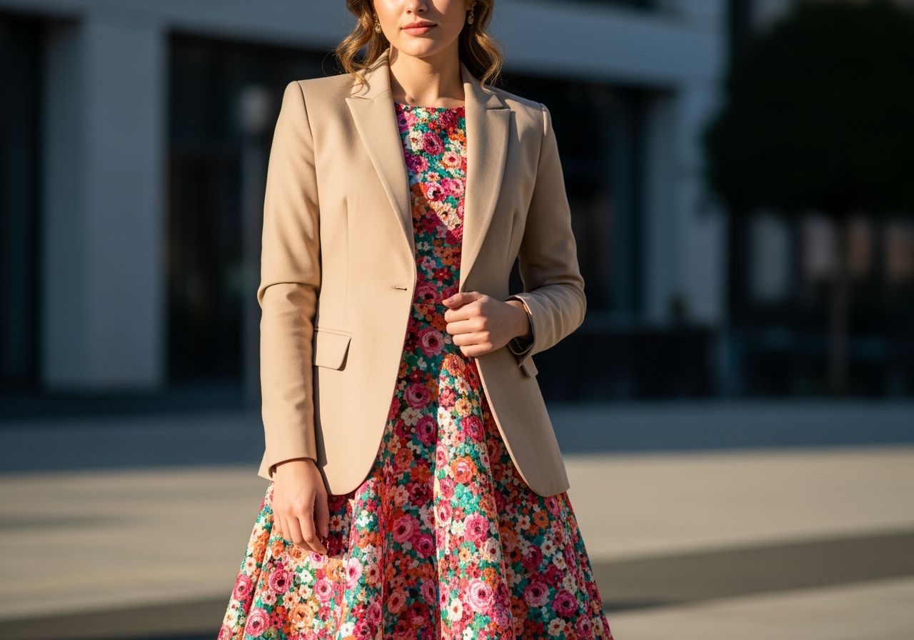 Młoda kobieta w beżowej marynarce i kwiatowej sukience na tle rozmytego miejskiego krajobrazu.