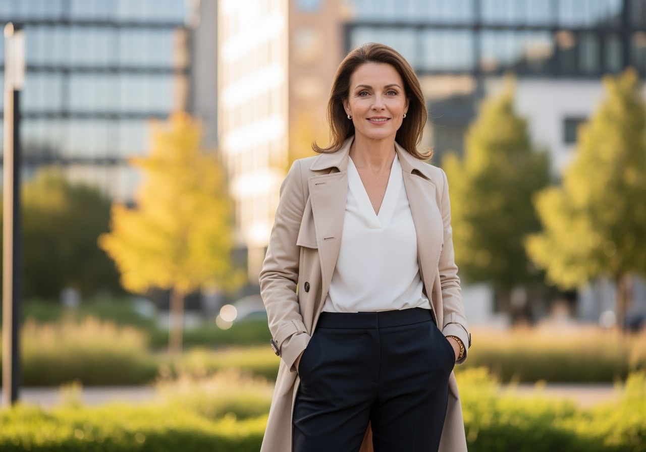 Stylowa kobieta 50 lat w beżowym trenczu stoi w parku na tle zieleni i nowoczesnych budynków