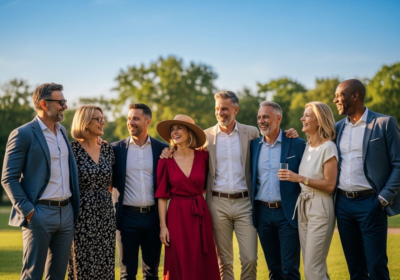 Grupa średniowiecznych osób w eleganckim ubraniu rozmawia i uśmiecha się w parku podczas spotkania klasowego