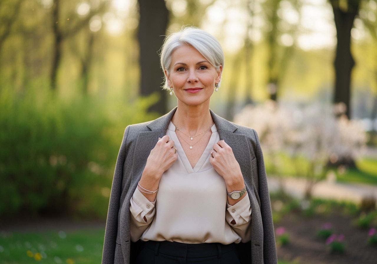 Kobieta w eleganckim, nowoczesnym ubraniu stoi w parku wiosną, uśmiechając się w naturalnym świetle