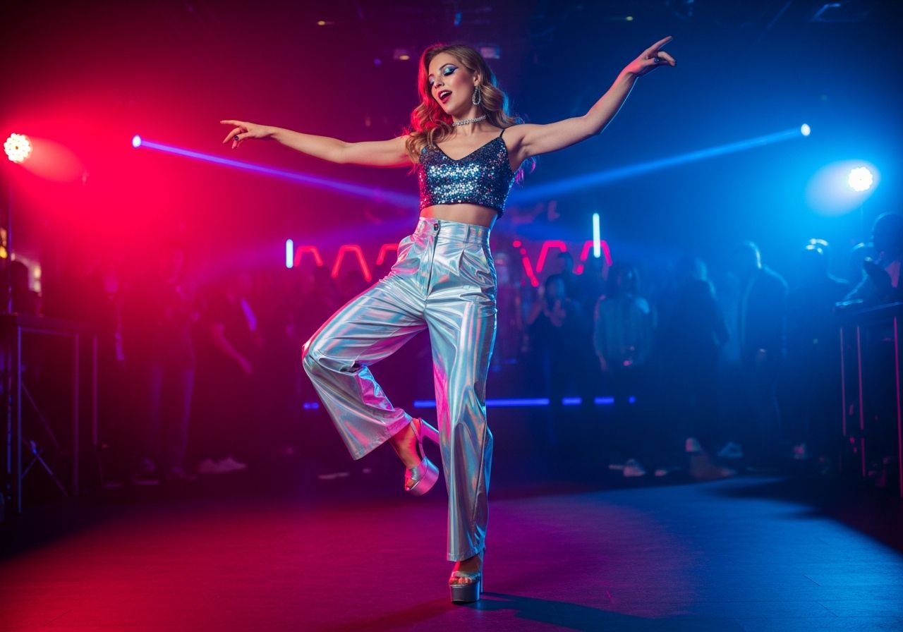 Młoda kobieta tańcząca w klubie nocnym w modnym, jasnym stroju przy neonowym oświetleniu