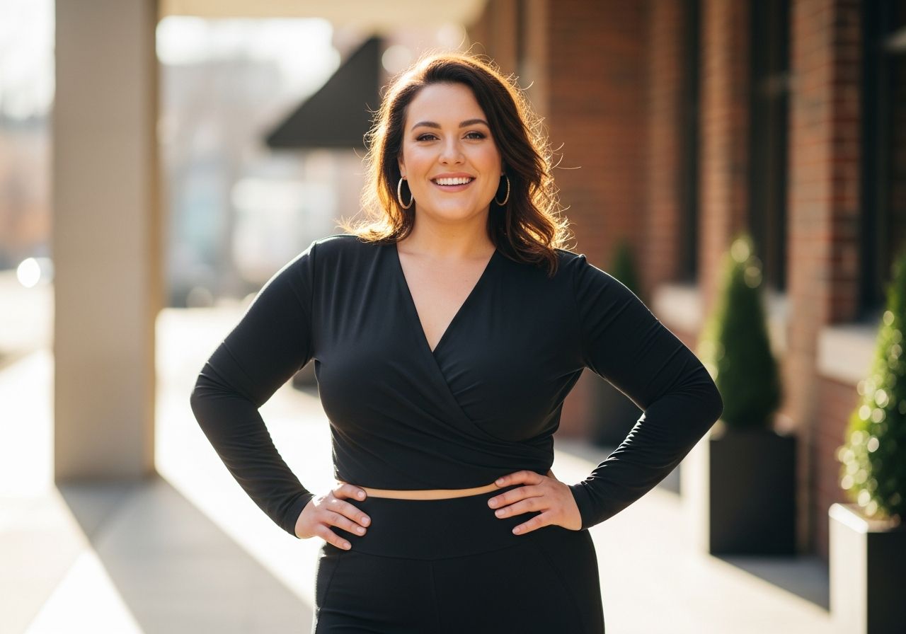 Kobieta plus size w modnym ubraniu na tle miejskiej ulicy, uśmiechnięta, pewna siebie, fotografia wysokiej jakości