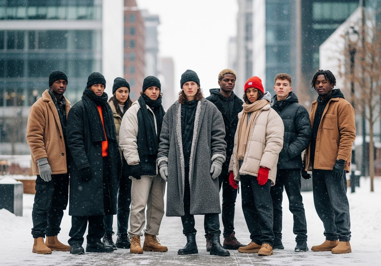 Grupa młodych osób w zimowej streetwear na miejskim chodniku podczas lekkiego opadu śniegu.