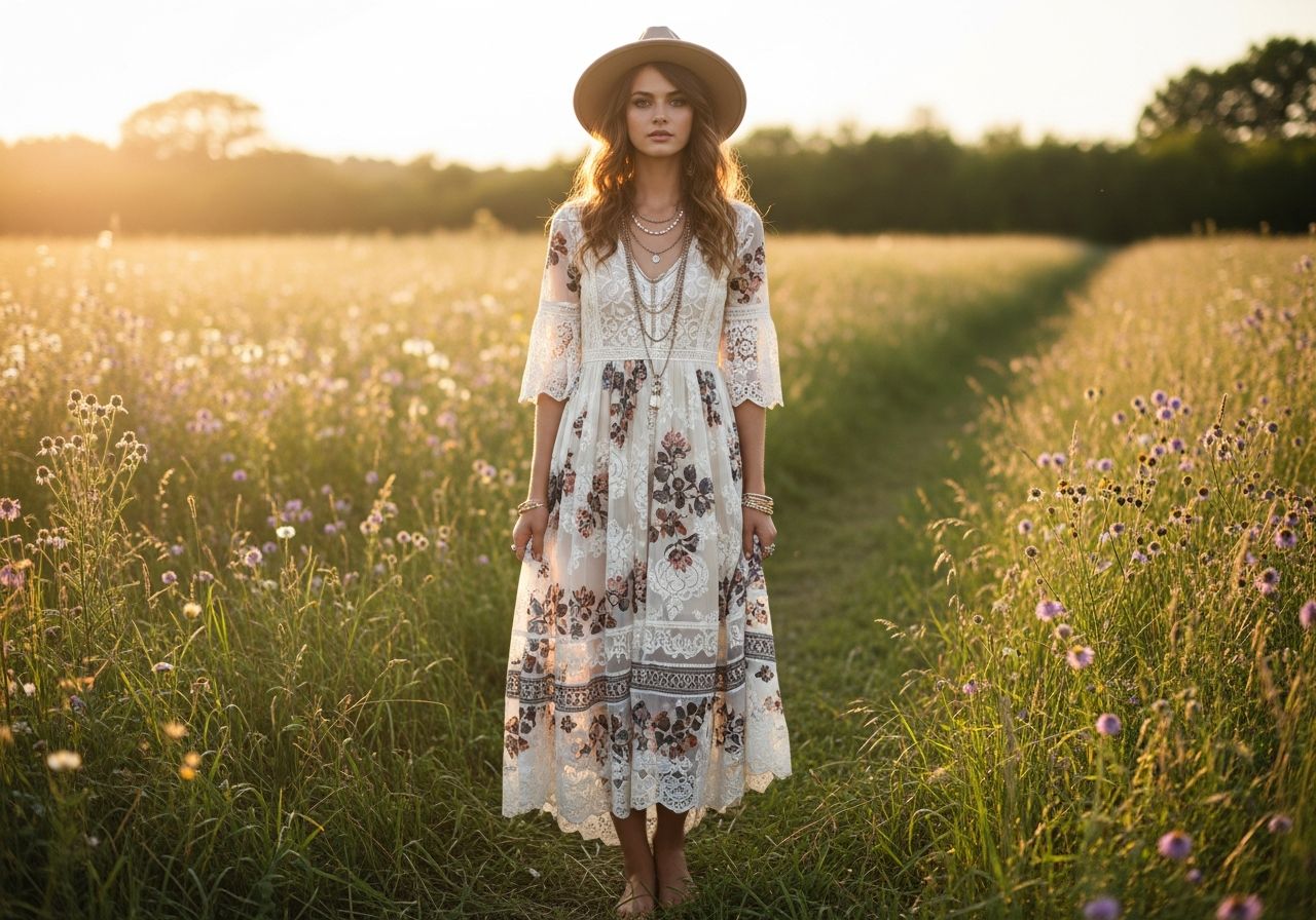 Młoda kobieta w letniej sukience boho stoi boso w polu pełnym kwiatów o zachodzie słońca.