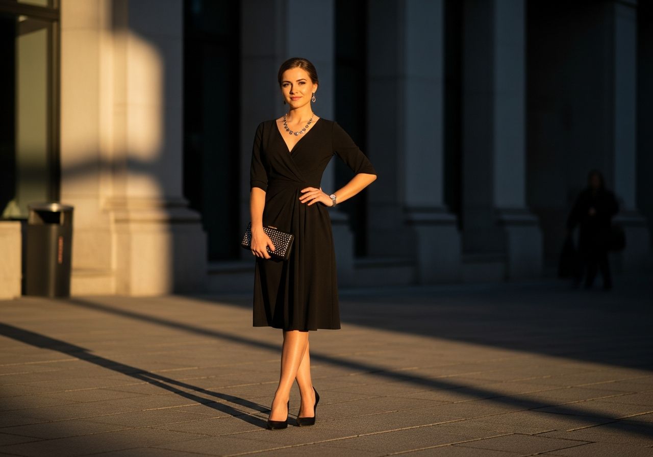 Stylowa kobieta w sukience koktajlowej stoi pewnie w miejskim otoczeniu podczas złotej godziny.