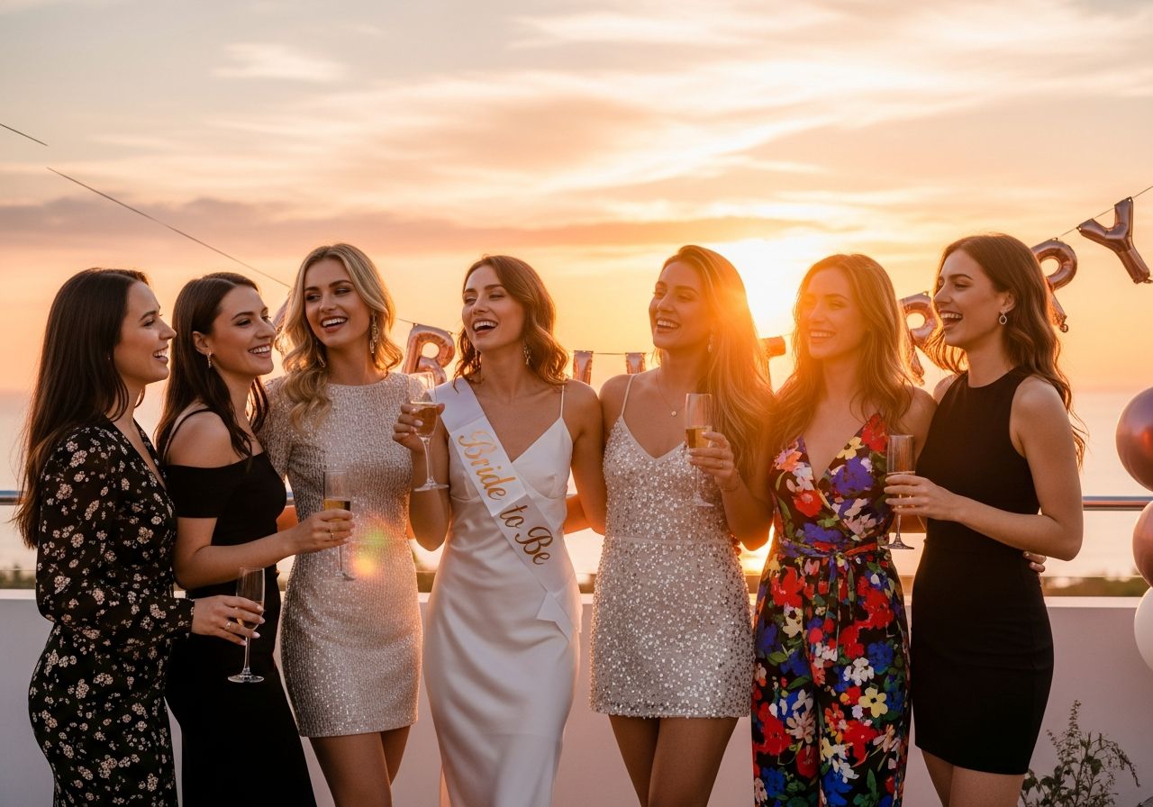 Grupa młodych kobiet w eleganckich stylizacjach na wieczór panieński na zewnątrz o zachodzie słońca