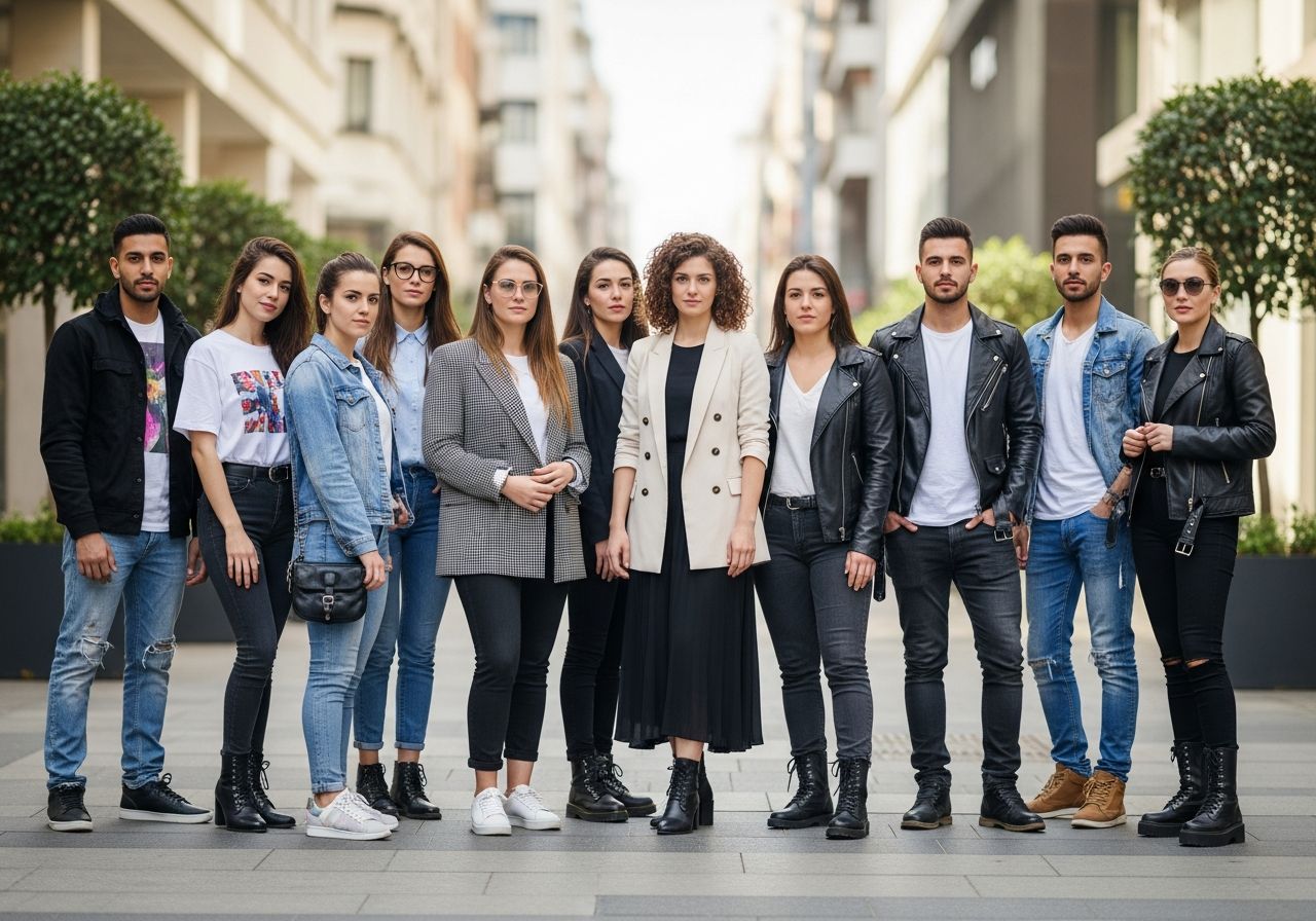 Grupa modnie ubranych młodych ludzi na ulicy miasta z nowoczesnymi budynkami w tle