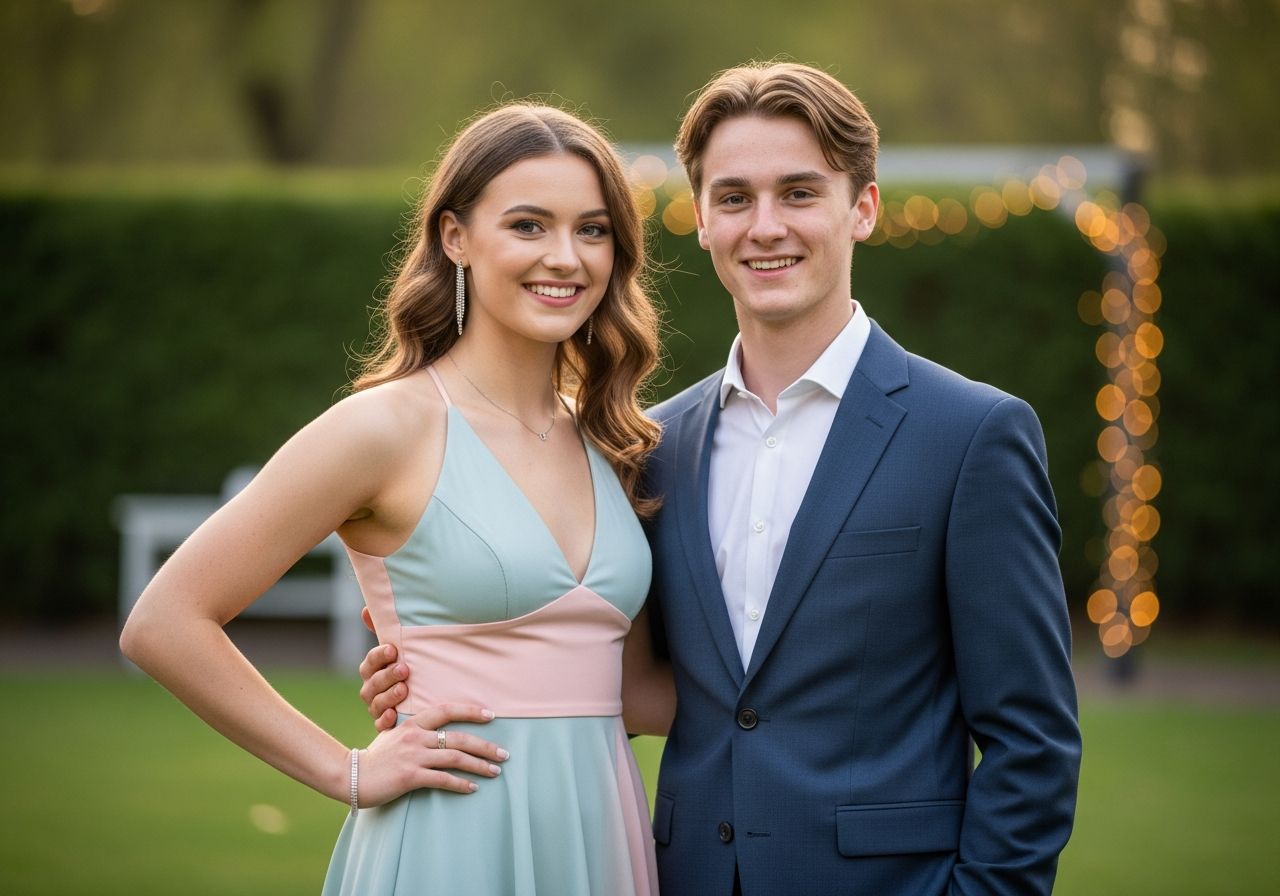 Młoda para w eleganckich strojach na osiemnastce na tle zieleni i świateł w plenerze