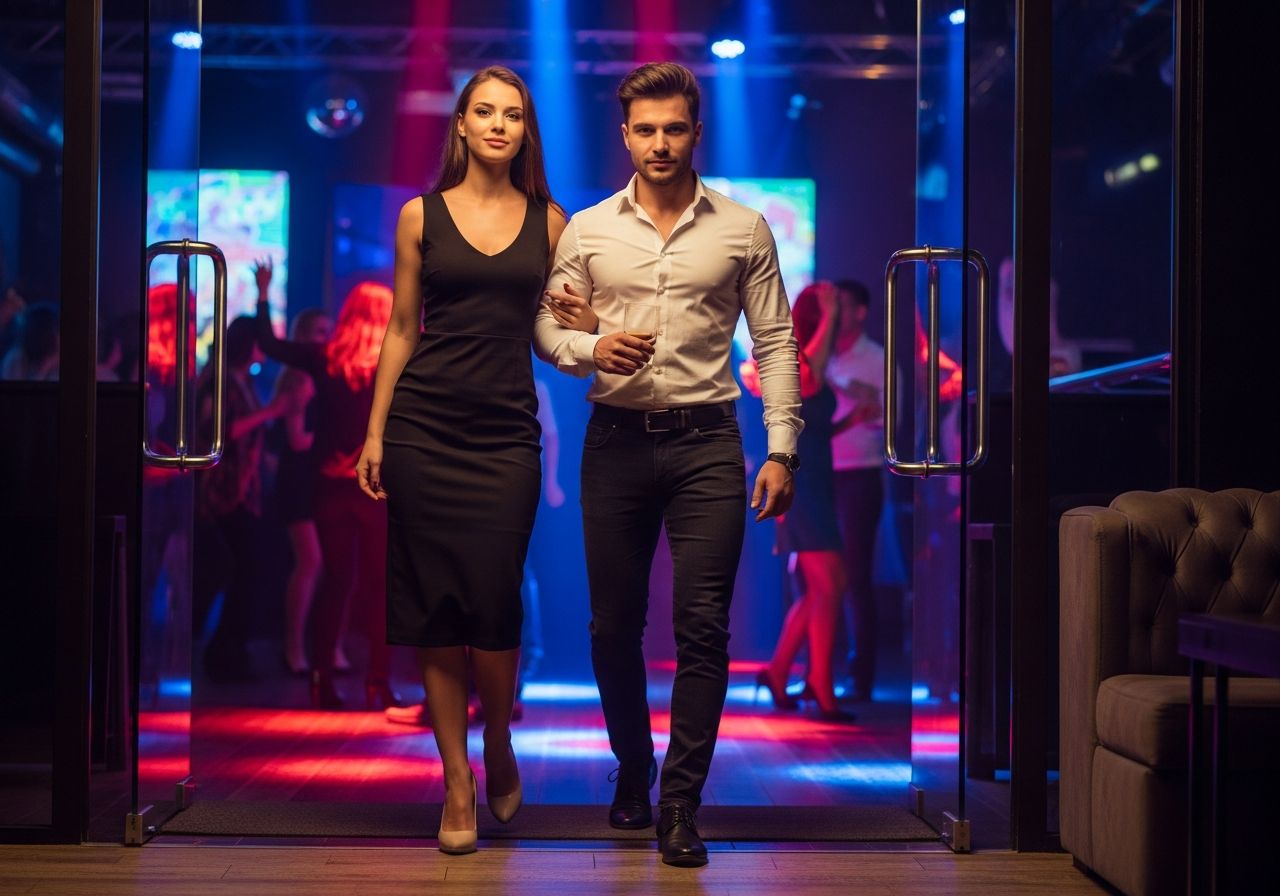 Młoda para w modnych strojach wchodzi do klubu nocnego przy kolorowych światłach, tło z tańczącymi osobami.