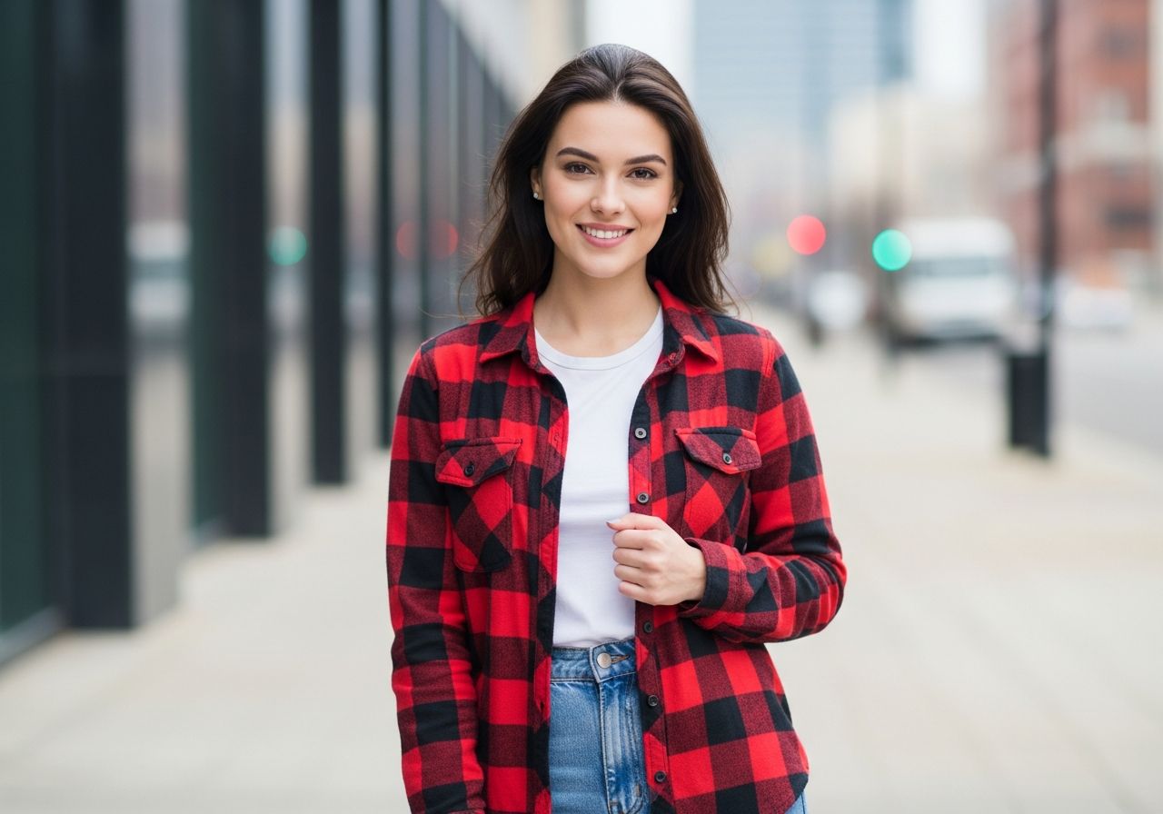 Młoda kobieta w czerwono-czarnej koszuli w kratę i dżinsach stoi na zewnątrz, uśmiecha się, tło rozmyte.