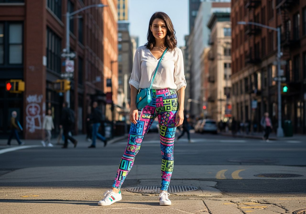 Młoda kobieta w miejskiej scenerii w kolorowych legginsach, białej bluzce i sportowych butach