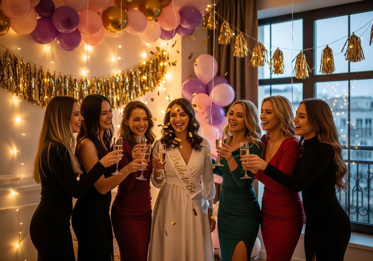 Grupa młodych kobiet podczas wieczoru panieńskiego w otoczeniu balonów, świateł i kieliszków szampana
