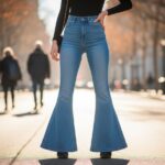 Młoda kobieta w dzwonowatych spodniach i golfie stoi na miejskiej ulicy w świetle dziennym.