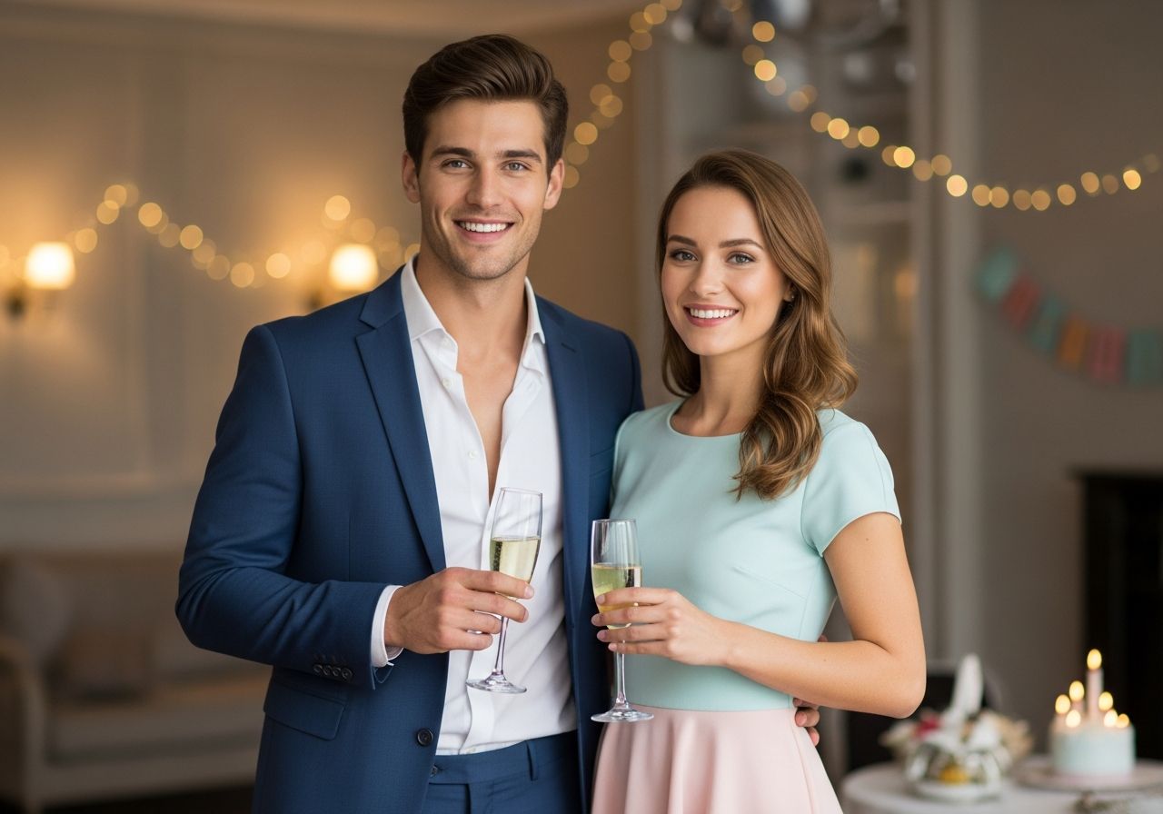 Elegancka para na osiemnastce, ubrana formalnie, uśmiechająca się i trzymająca kieliszki z szampanem.