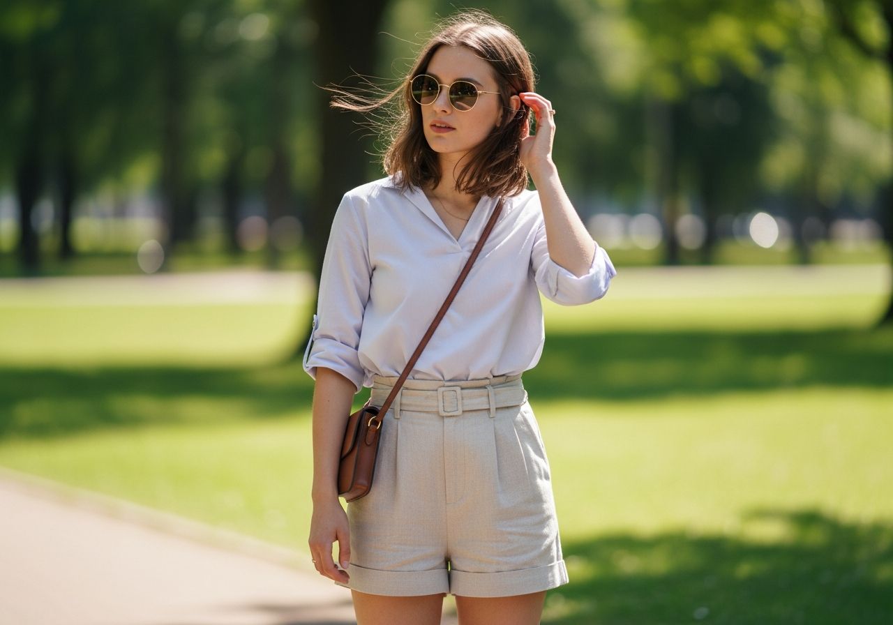 Młoda kobieta w letnim stroju w parku na słoneczny, ciepły dzień, z okularami i torebką na ramię