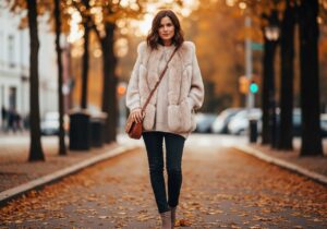 Kobieta w beżowej kamizelce i kremowym swetrze stoi na miejskiej ulicy jesienią w ciepłym świetle.