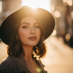 Młoda kobieta w kapeluszu na miejskim tle podczas złotej godziny, ubrana casualowo, pewna siebie.