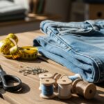 Para ręcznie robionych boyfriend jeans na drewnianym stole z narzędziami krawieckimi w tle.