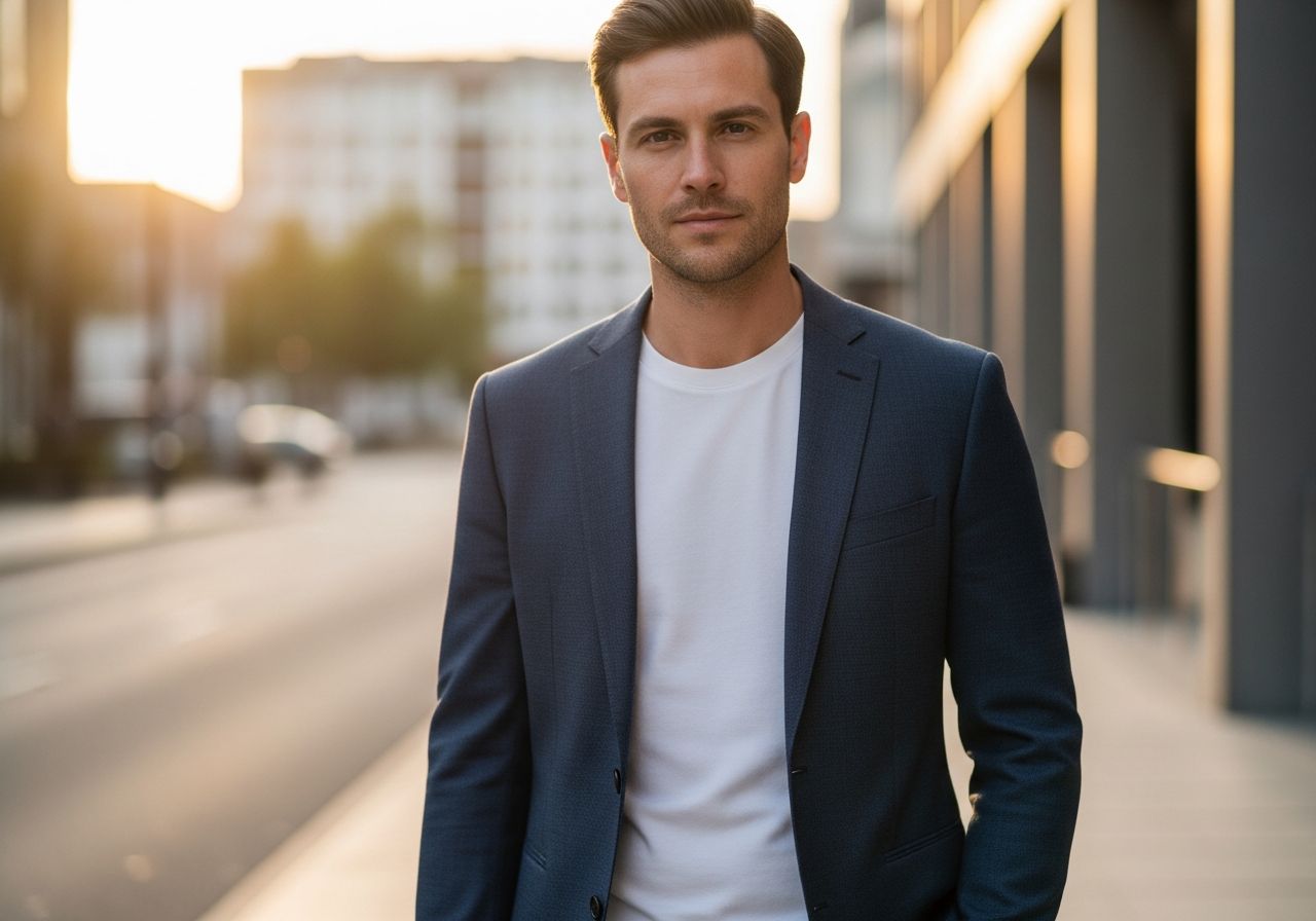 Mężczyzna w granatowej marynarce i białym t-shircie stoi w miejskim otoczeniu podczas złotej godziny.