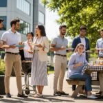 Grupa współpracowników podczas letniego grilla firmowego na tle nowoczesnego biurowca i zieleni.