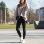 Młoda kobieta w czarnych legginsach i beżowym swetrze na tle miejskiego parku w słoneczny dzień