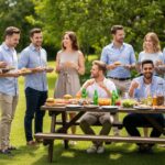 Grupa współpracowników rozmawia przy drewnianym stole na letnim biurowym grillu w ogrodzie