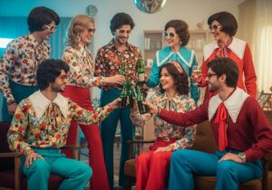 Grupa osób w strojach z lat 70. i 80. w trakcie imprezy z dekoracjami retro i tańcem przy dyskotekowej kuli