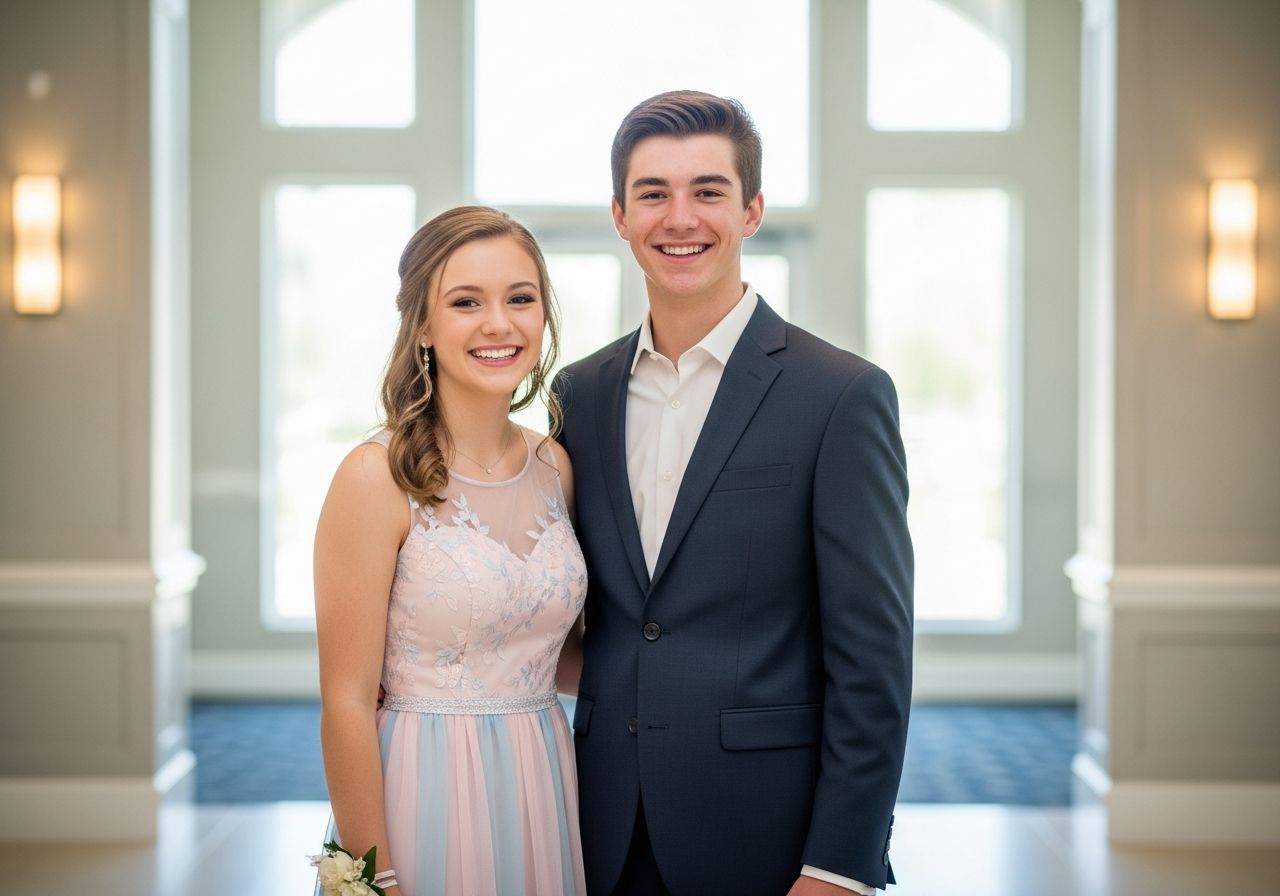 Nastolatka i nastolatek w strojach semi formalnych stoją obok siebie na jasnym tle wnętrza