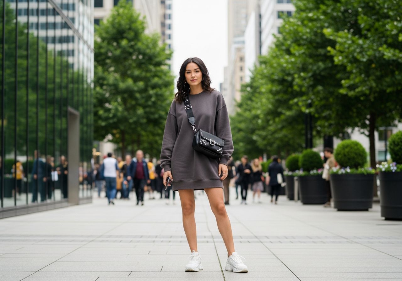 Młoda kobieta w casualowej sukience z dużym nadrukiem i białych sneakersach na ulicy miasta