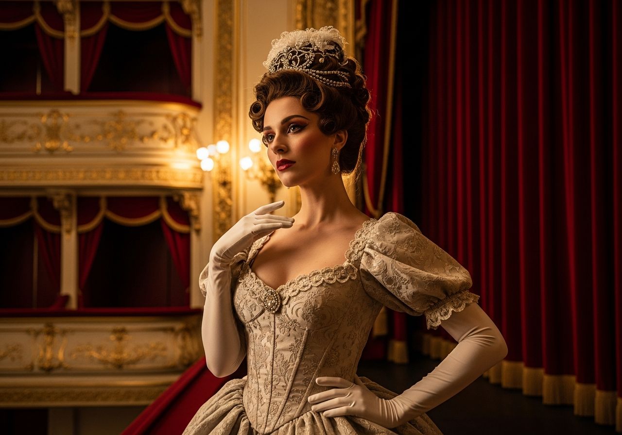 Kobieta w teatralnym kostiumie w klasycznym teatrze z czerwonymi zasłonami i złotymi dekoracjami