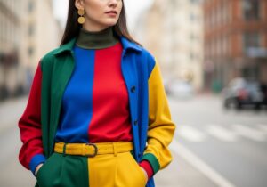 Kobieta w kolorowym stroju na tle rozmytego miasta, naturalne światło podkreśla tekstury tkanin.