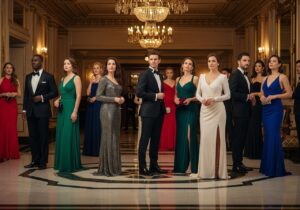 Grupa elegancko ubranych osób w luksusowym lobby teatru z marmurową podłogą i złotymi dekoracjami