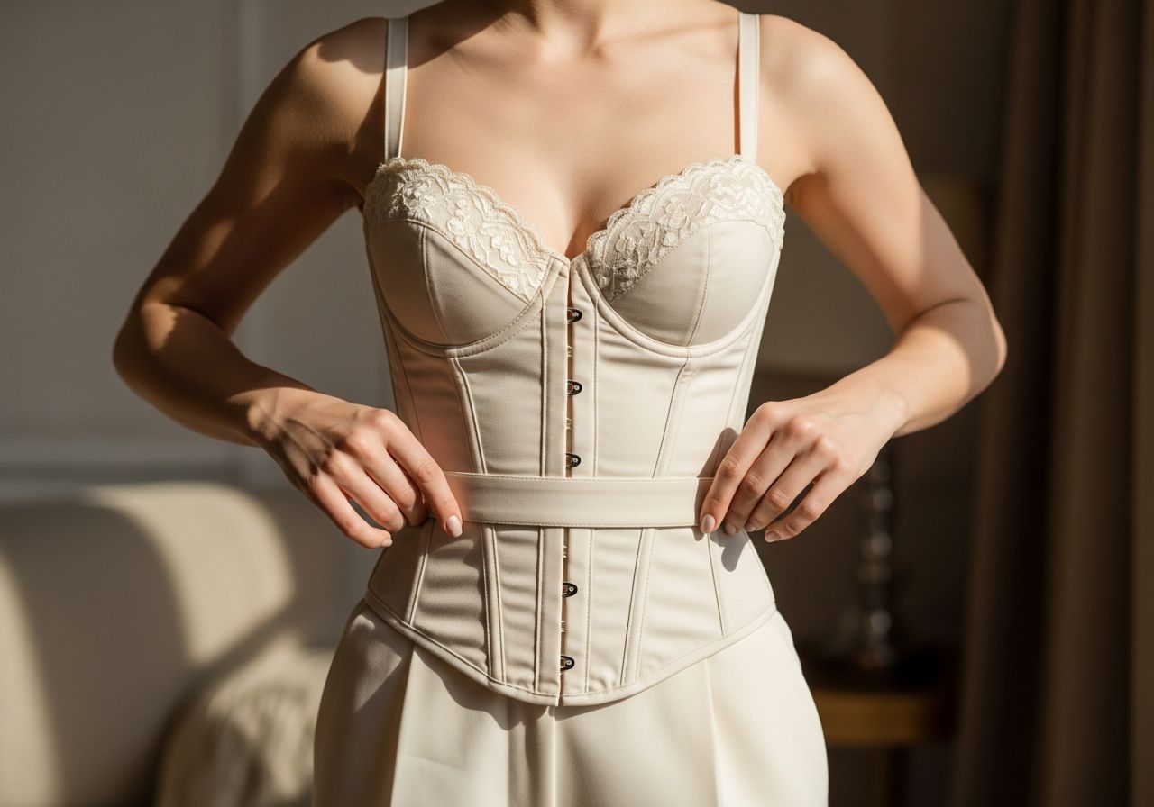 Pewna siebie kobieta regulująca gorset w eleganckim, ciepłym wnętrzu, podkreślającym komfort i siłę