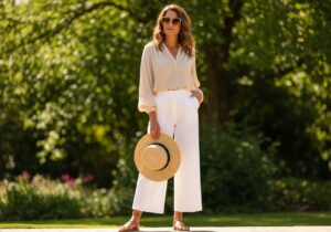 Kobieta stoi na zewnątrz w białych spodniach, beżowej bluzce, trzyma słomkowy kapelusz, zielone tło.