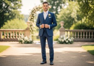 Mężczyzna w granatowym garniturze stoi w ogrodzie podczas uroczystości I Komunii.