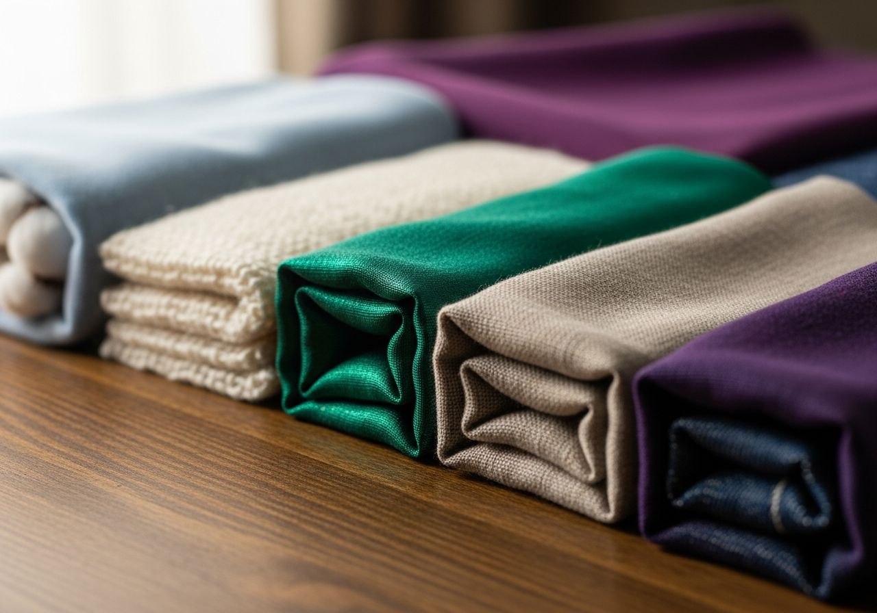 Zbliżenie na różne tkaniny: bawełna, wełna, jedwab, len, poliester i dżins na drewnianym stole.