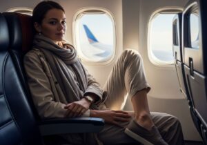 Młoda kobieta w wygodnym ubraniu siedzi przy oknie samolotu, widoczny zarys skrzydła i wnętrze kabiny