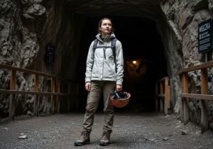 Młoda kobieta w odzieży turystycznej stoi przy wejściu do Kopalni Soli Wieliczka z kaskiem w ręku.