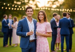 Elegancka para na weselnym afterparty w ogrodzie, trzymająca kieliszki szampana, w otoczeniu gości i świateł.