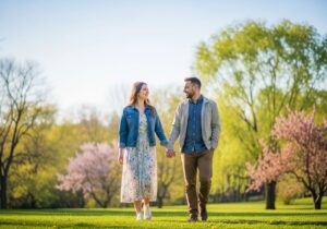 Młoda para spaceruje trzymając się za ręce w słonecznym parku wiosennym z zielonymi drzewami w tle