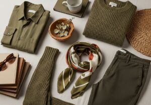 Stylowe zestawienie ubrań i dekoracji w odcieniach oliwkowej zieleni z naturalnych materiałów.