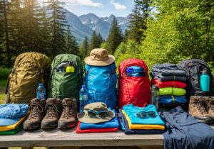 Grupa wędrowców z plecakami i butami na drewnianym stole w górach na tle lasu i słońca