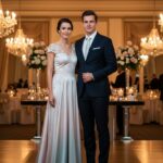 Para w eleganckich strojach na przyjęciu weselnym w stylowej sali z gośćmi w tle.