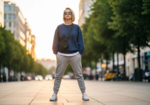 Młoda osoba w wygodnym dresie i białych butach na miejskiej ulicy oświetlonej ciepłym światłem lata