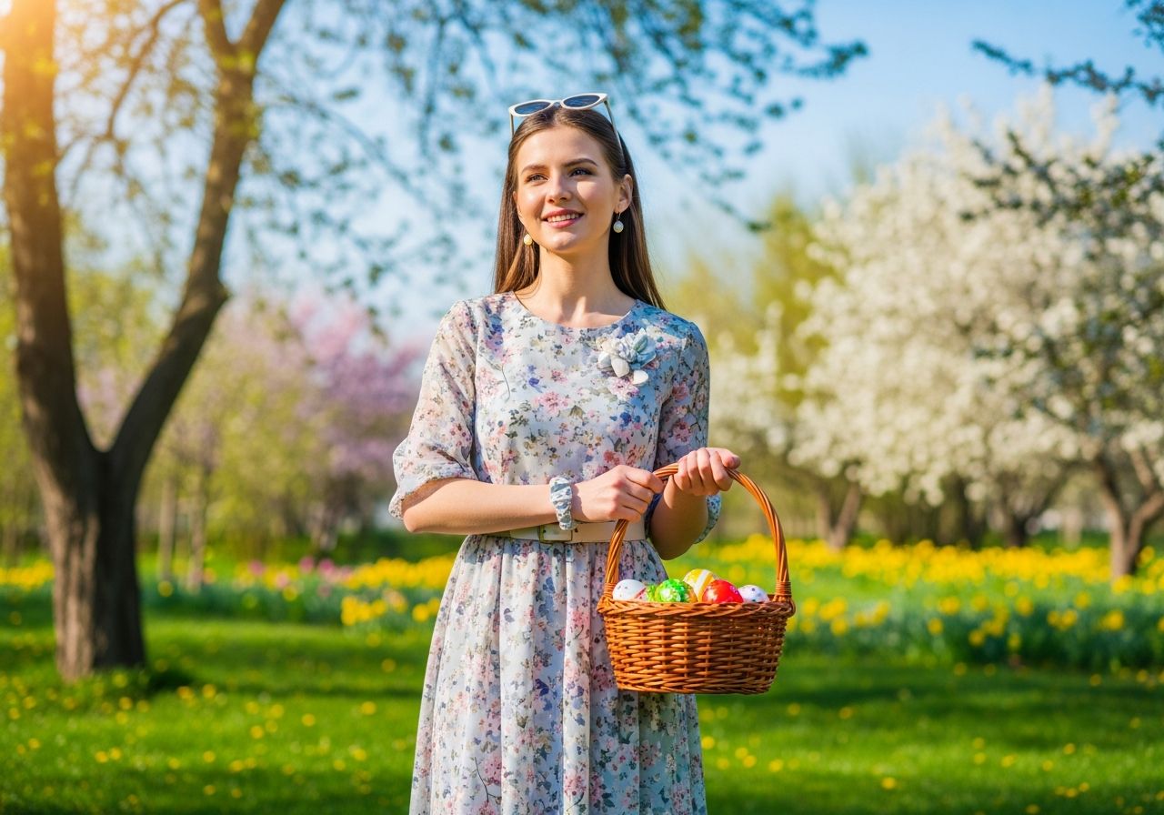Młoda kobieta w wiosennym ogrodzie z koszem ozdobionych pisanek wielkanocnych